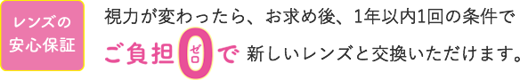 レンズの安心保証　視力が変ったら、お求め後、1年以内1回の条件でご負担0（ゼロ）で新しいレンズと交換いただけます。